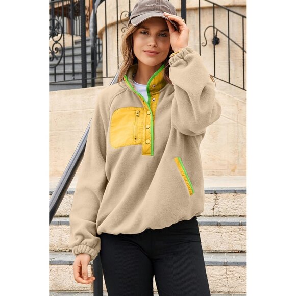 Women’s Oversized Fleece Sweatshirt Color Block Casual Pullover - Picture 5 of 6